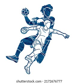 Group of Handball Players Male and Female Cartoon Sport Action 