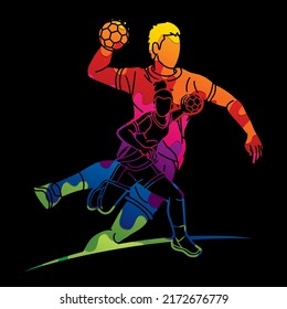 Group of Handball Players Male and Female Cartoon Sport Action 