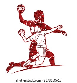 Group of Handball Players Male and Female Mix Action Cartoon Sport Graphic Vector