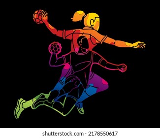 Gruppe der Handball Spieler männlich und weiblich Mix Action Cartoon Sport Grafik-Vektorgrafik