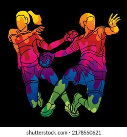 Group of Handball Players Male and Female Mix Action Cartoon Sport Graphic Vector