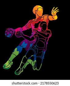 Group of Handball Players Male and Female Mix Action Cartoon Sport Graphic Vector