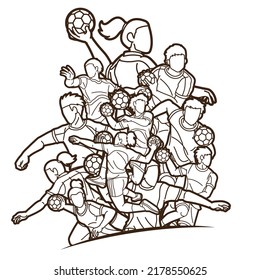 Group of Handball Players Male and Female Mix Action Cartoon Sport Graphic Vector