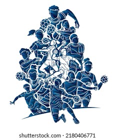 Group of Handball Players Male and Female Mix Action Cartoon Sport Graphic Vector