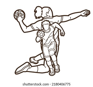 Group of Handball Players Male and Female Mix Action Cartoon Sport Graphic Vector