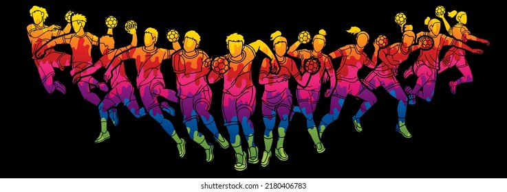 Group of Handball Players Male and Female Mix Action Cartoon Sport Graphic Vector