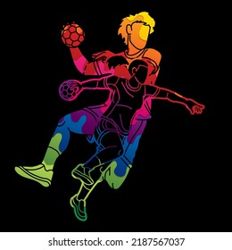 Group of Handball Players Male and Female Action Together Cartoon Sport Team Graphic Vector