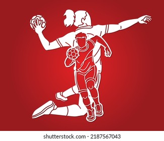 Group of Handball Players Male and Female Action Together Cartoon Sport Team Graphic Vector