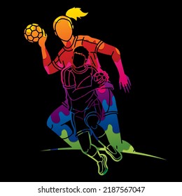 Group of Handball Players Male and Female Action Together Cartoon Sport Team Graphic Vector