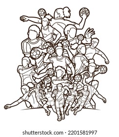 Group of Handball Players Male and Female Action Together Cartoon Sport Team Graphic Vector