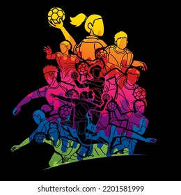 Group of Handball Players Male and Female Action Together Cartoon Sport Team Graphic Vector