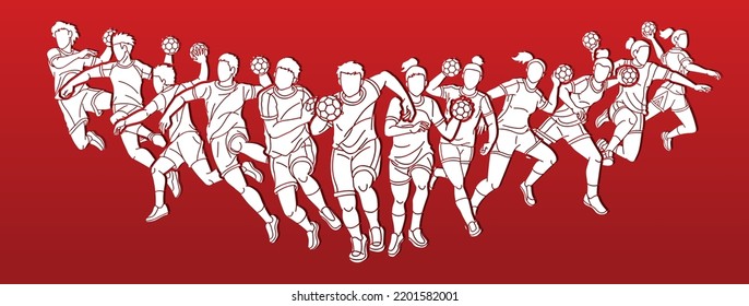 Group of Handball Players Male and Female Action Together Cartoon Sport Team Graphic Vector