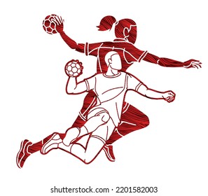 Group of Handball Players Male and Female Action Together Cartoon Sport Team Graphic Vector