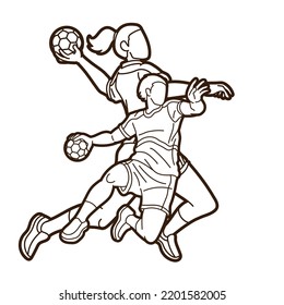 Group of Handball Players Male and Female Action Together Cartoon Sport Team Graphic Vector