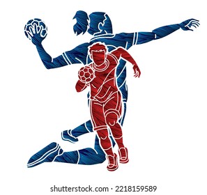 Group of Handball Players Male and Female Action Together Cartoon Sport Team Graphic Vector