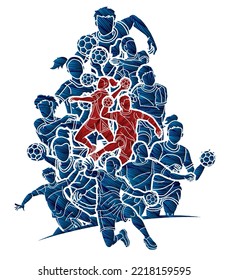 Group of Handball Players Male and Female Action Together Cartoon Sport Team Graphic Vector