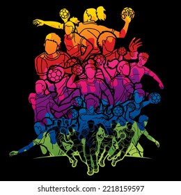 Group of Handball Players Male and Female Action Together Cartoon Sport Team Graphic Vector