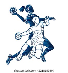 Group of Handball Players Male and Female Action Together Cartoon Sport Team Graphic Vector