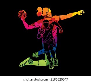 Group of Handball Players Team Male and Female Action Together Cartoon Sport Team Graphic Vector