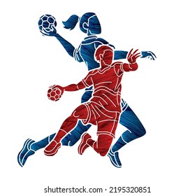 Group of Handball Players Team Male and Female Action Together Cartoon Sport Team Graphic Vector