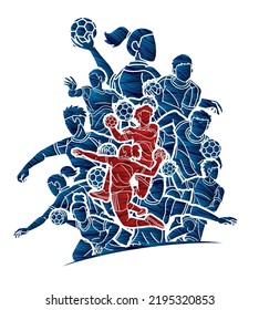 Group of Handball Players Team Male and Female Action Together Cartoon Sport Team Graphic Vector