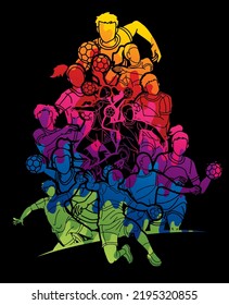 Group of Handball Players Team Male and Female Action Together Cartoon Sport Team Graphic Vector