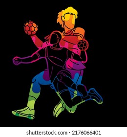 Group of Handball Sport Male Player Action Cartoon Graphic Vector