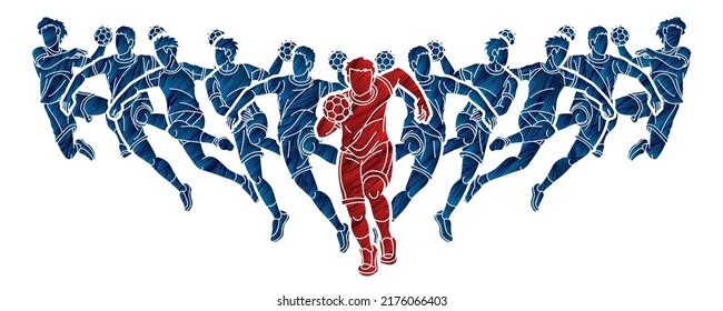 Group of Handball Sport Male Player Action Cartoon Graphic Vector