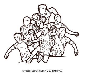 Group of Handball Sport Male Player Action Cartoon Graphic Vector