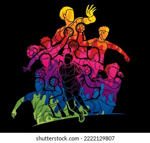 Group of Handball Sport Male Players Action Cartoon Graphic Vector