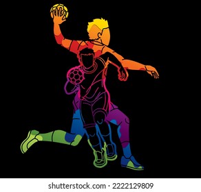 Group of Handball Sport Male Players Action Cartoon Graphic Vector