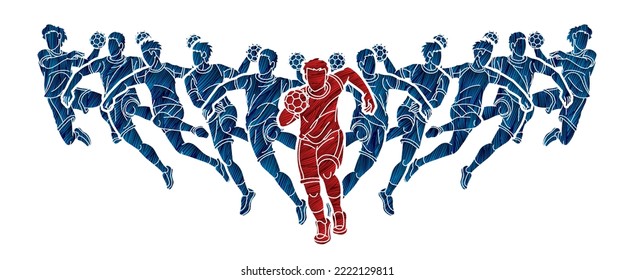 Group of Handball Sport Male Players Action Cartoon Graphic Vector