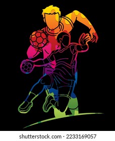 Group of Handball Sport Male Players Team Men Mix Action Cartoon Graphic Vector