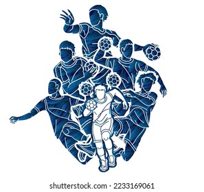 Group of Handball Sport Male Players Team Men Mix Action Cartoon Graphic Vector