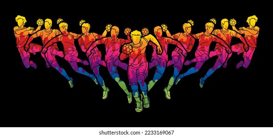 Group of Handball Sport Male Players Team Men Mix Action Cartoon Graphic Vector