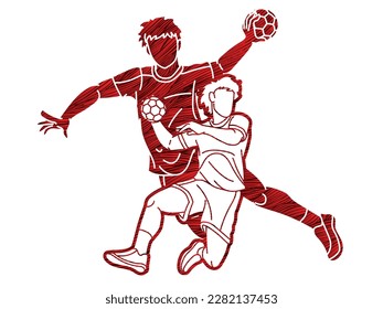 Group of Handball Sport Male Players Team Mix Action Cartoon Graphic Vector