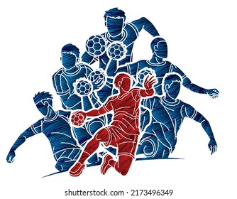 Group of Handball Sport Men Players Action Cartoon Graphic Vector