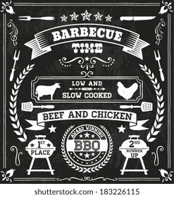 A Group Of Hand-drawn BBQ Themed Design Elements On A Chalkboard Background.