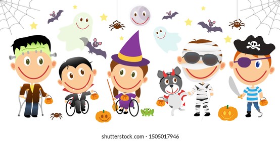 Group Of Handicapped Children In Halloween Costumes. Various Disabilities, Wheelchair Kids, Blind Child, Amputee Boy. Vector Illustration Character Set Isolated On White Background.