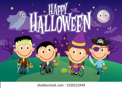 Group Of Handicapped Children In Halloween Costumes. Various Disabilities, Wheelchair Kids, Amputee Boy. Vector Illustration Character Set.