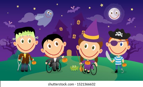 Group Of Handicapped Children In Halloween Costumes. Various Disabilities, Wheelchair Kids, Amputee Boy. Vector Illustration Character Set.