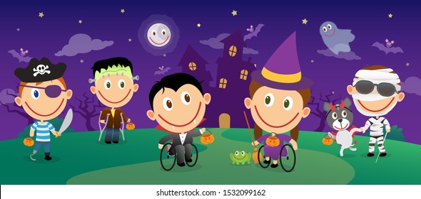 Group Of Handicapped Children In Halloween Costumes. Various Disabilities, Wheelchair Kids, Blind Child, Amputee Boy. Vector Illustration Character Set.