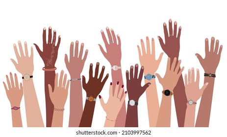 Group of hands and arms raised up of multi-ethnic and multicultural men and women with different skin color. Diversity of people. Community team. Racial equality. Multiracial people