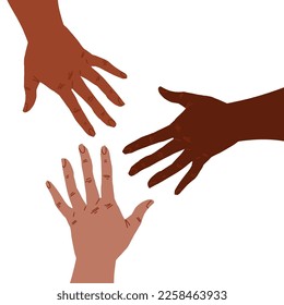 Group of hands of brown skin color reaching to each other