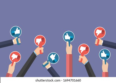 Group of hands of business people holding thumbs up and thumbs down icon paddles isolated on purple background. Testimonials, feedback, customer review concept. Eps Vector illustration. Flat style