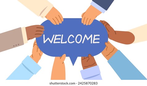 Group hands of business people holding blue bubble chat. Cartoon welcome concept illustration