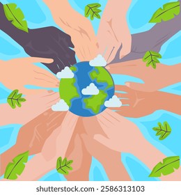 a group of hands in a circle with the earth in the middle. a background that can be used to commemorate earth day or other environmental activities