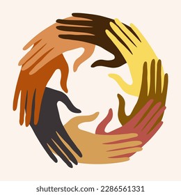 Grupo de manos en un círculo de personas multiétnicas diversas. Personas de diferentes culturas. Concepto contra el racismo. Cooperación confianza ayuda y apoyo.Diversidad gente.Comunidad.Acuerdo entre colegas