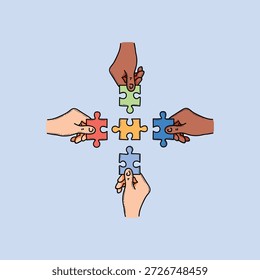 Eine Gruppe von Händen aus verschiedenen Hauttönen kommen zusammen, um farbenfrohe Puzzleteile in einer Kreuzformation zu platzieren, die Teamarbeit, Einheit und Zusammenarbeit symbolisieren. Das Bild vermittelt Zusammenarbeit, Integration und gemeinsame Problemlösung.