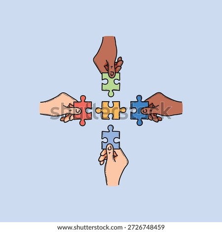 A group of hands from different skin tones come together to place colorful puzzle pieces in a cross formation, symbolizing teamwork, unity, and cooperation. The image conveys collaboration, inclusion, and shared problem solving.
